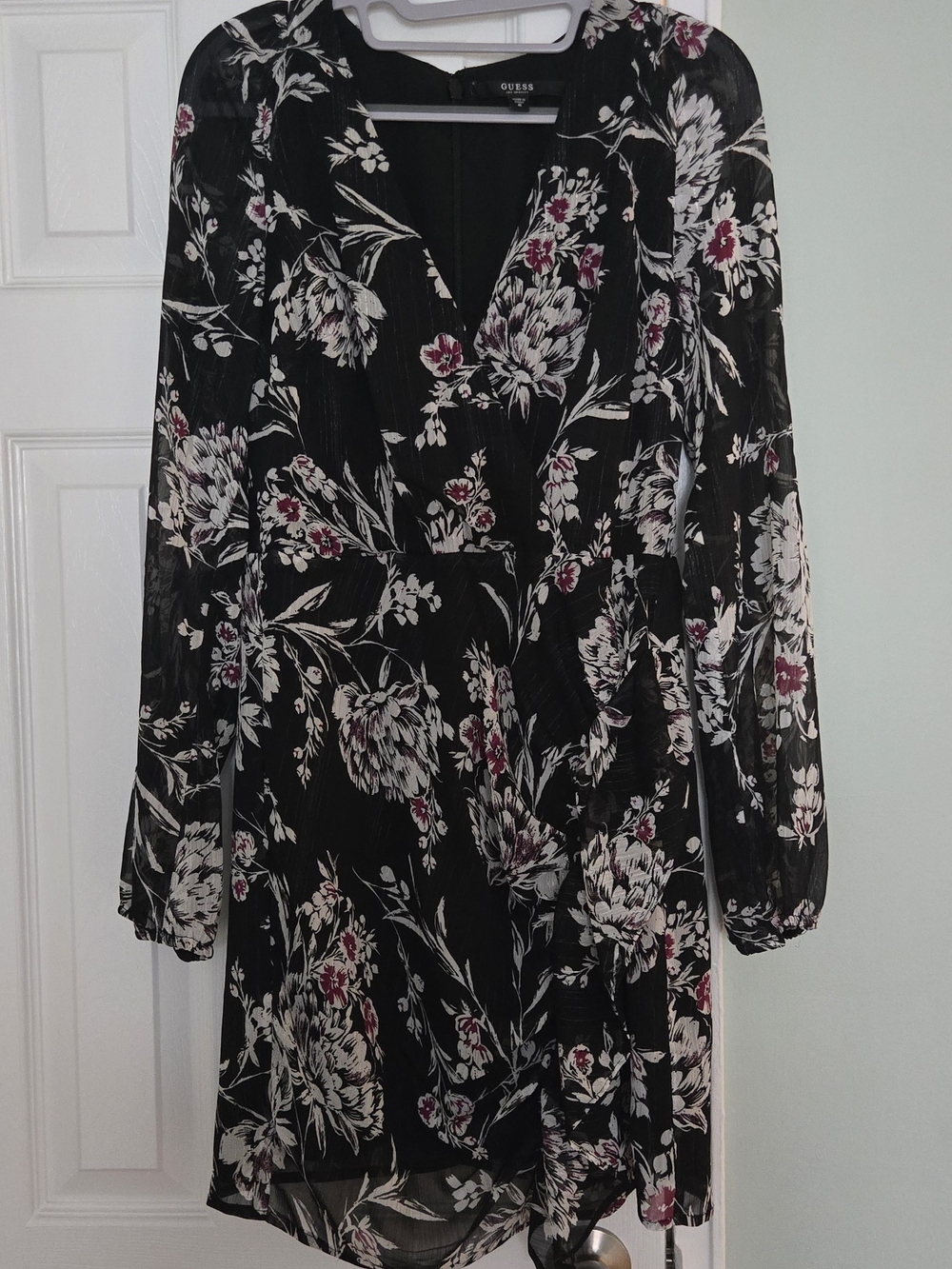 GUESS Black Floral Long Sleeve Wrap Dress with Cream and Deep Pink Blooms